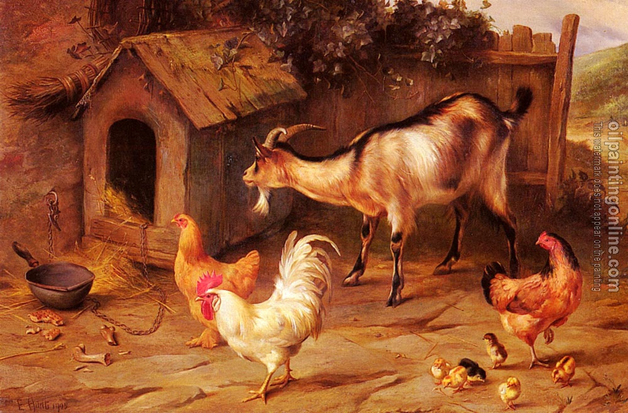 Edgar Hunt - Fowl Chicks And Goats By A Dog Kennel